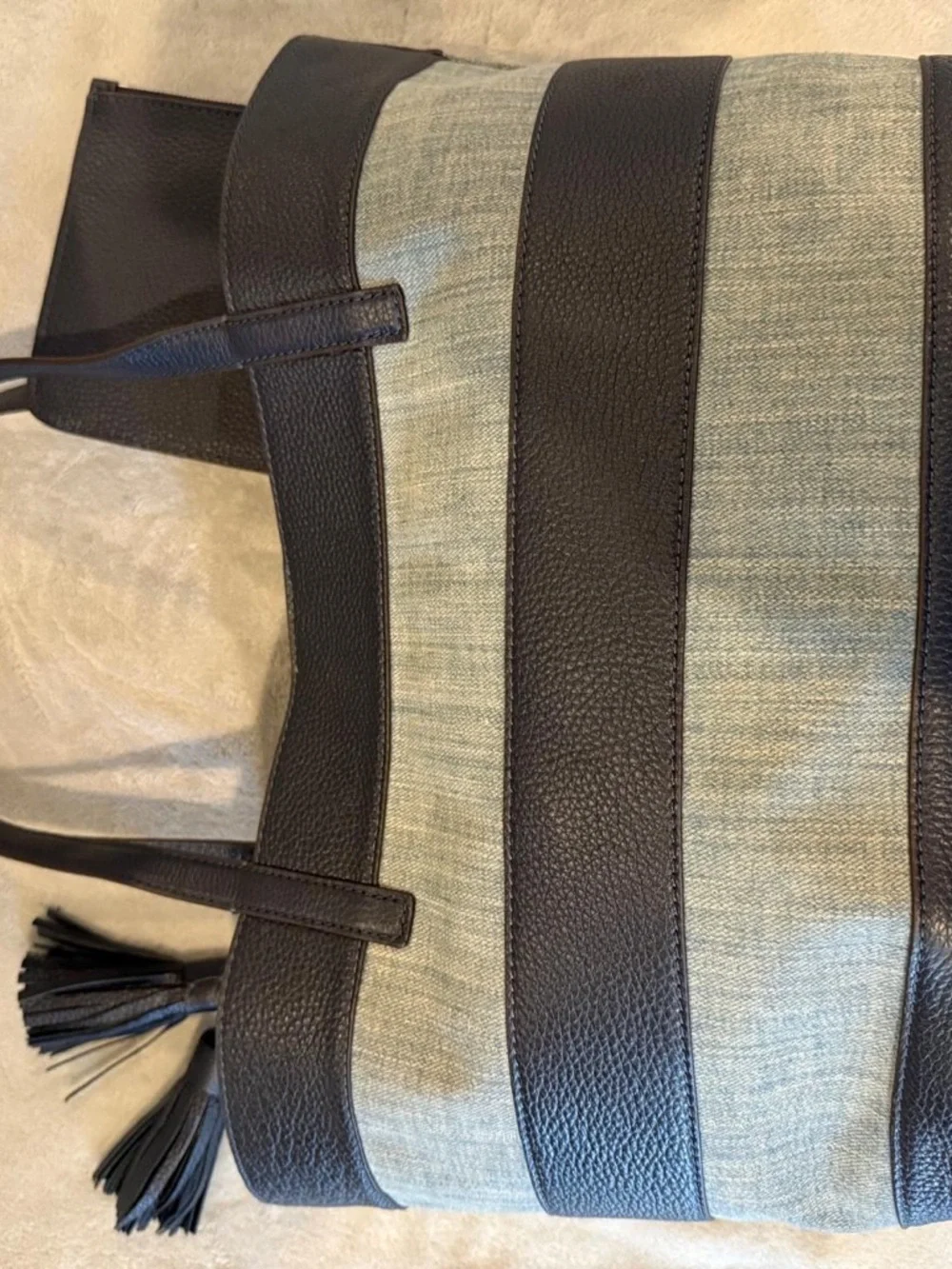 Michael Kors Navy  blue and light denim Striped Tote with Tassel Charm - Picture 3 of 6